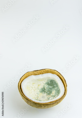 ugly food. old split coconut on a white background