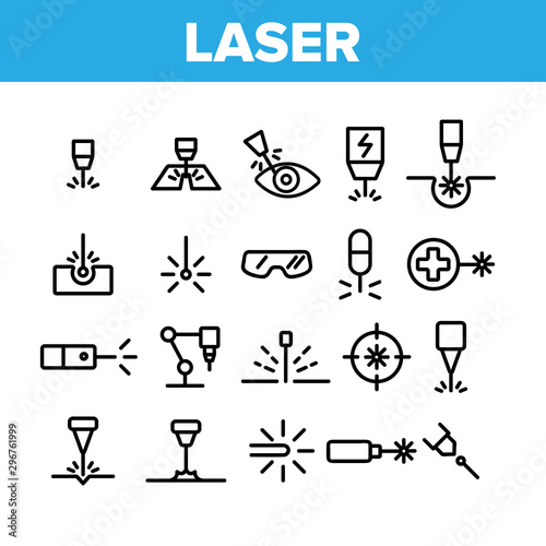 Laser Beam Collection Elements Icons Set Vector Thin Line. Optical Equipment And Technology Laser  Eye Protective Glasses And Target Concept Linear Pictograms. Monochrome Contour Illustrations