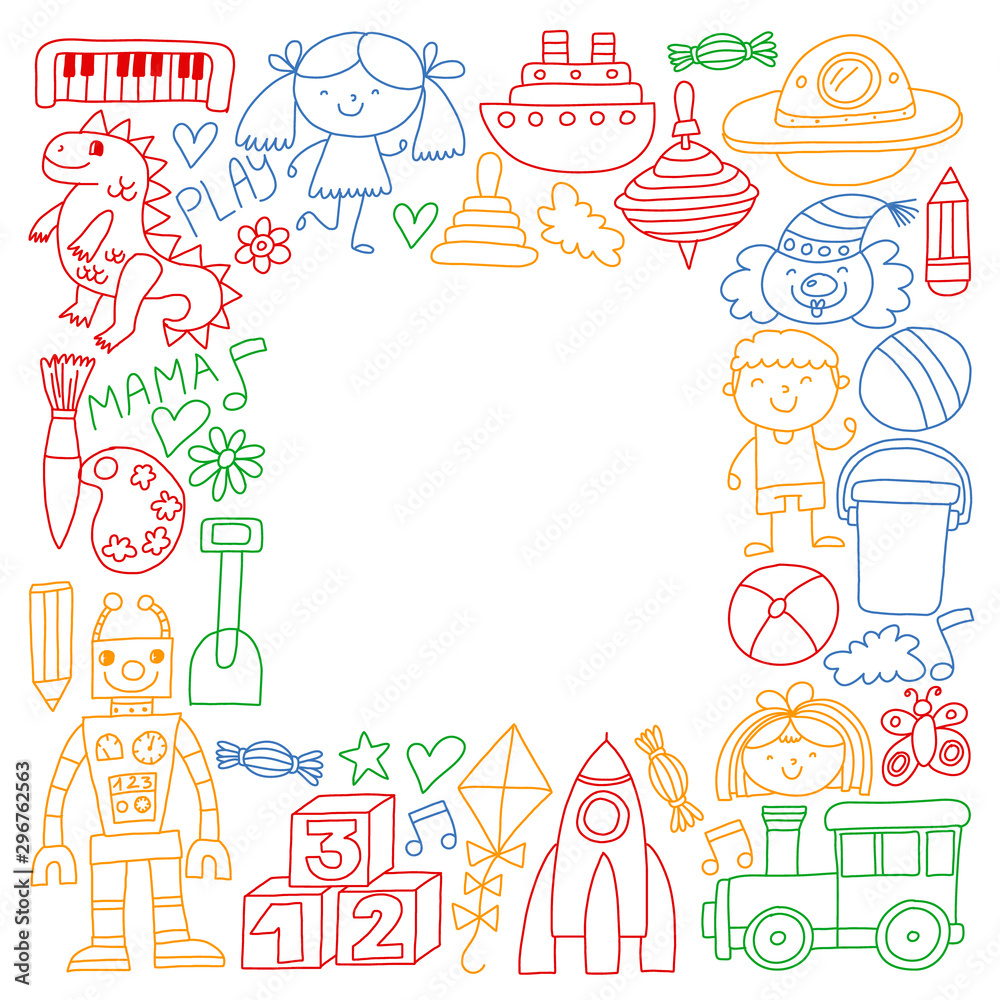 Kindergarten preschool school children. Kids drawing style vector pattern. Play grow learn together.