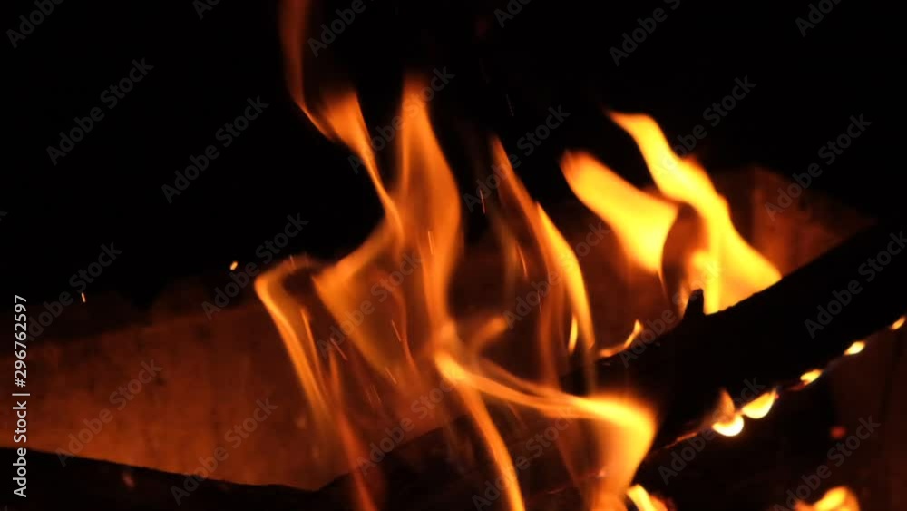 Burning fire. Bonfire. Closeup of flames burning on black background, slow motion Burning fire. Bonfire. Closeup of flames burning on black background, slow motion
