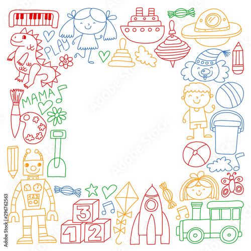 Kindergarten preschool school children. Kids drawing style vector pattern. Play grow learn together.