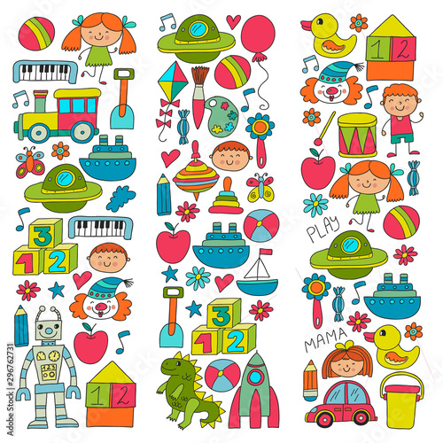 Kindergarten preschool school children. Kids drawing style vector pattern. Play grow learn together.