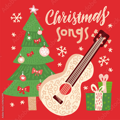 Christmas songs - vector illustration for disc cover with holiday music. Guitar with strings, xmaas tree, gift boxes and snowflakes on background