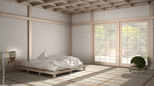 Zen japanese empty minimalist bedroom, wooden roof, tatami floor, futon, double bed, big window on zen garden, meditative space, peace, calm, yoga relaxing room, suite interior design