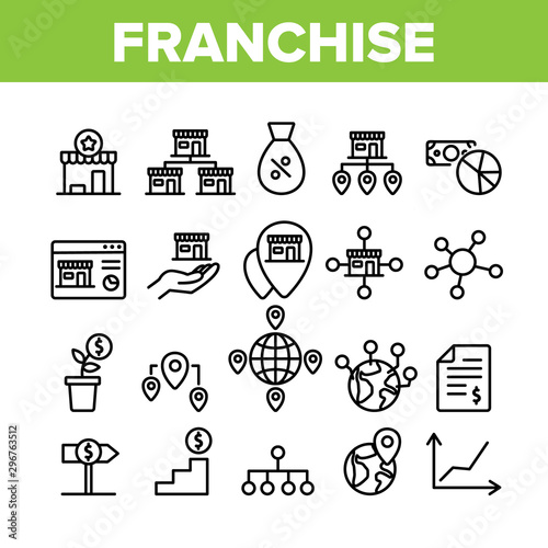 Franchise Collection Elements Icons Set Vector Thin Line. Home Office And Corporate Headquarters, Globe With Gps Mark And Web Site Franchise Concept Linear Pictograms. Monochrome Contour Illustrations
