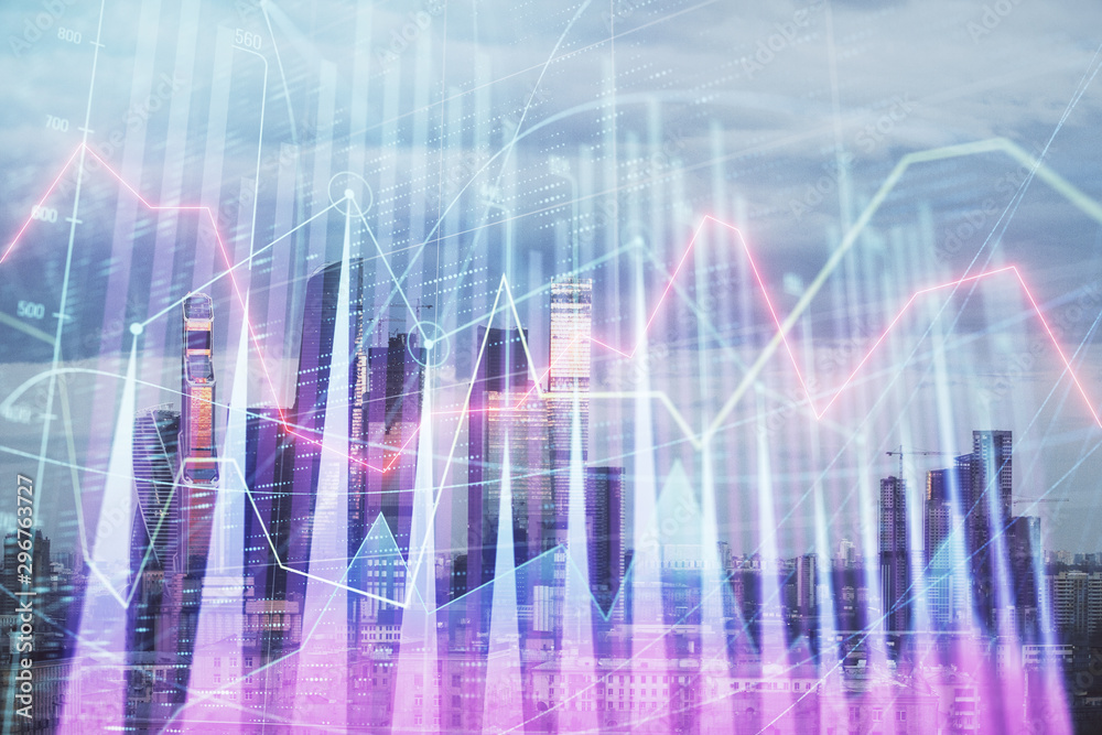 Double exposure of financial graph on downtown veiw background. Concept of stock market research and analysis Double exposure of financial graph on downtown veiw background. Concept of stock market research and analysis