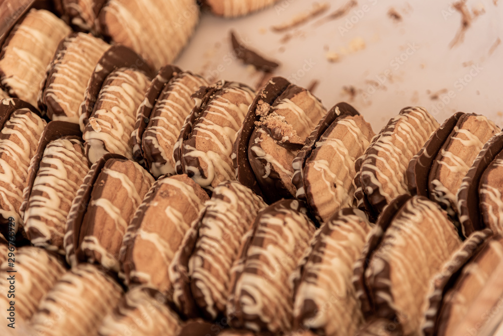 Sale of double cookies, chocolate and cream in street market Sale of double cookies, chocolate and cream in street market