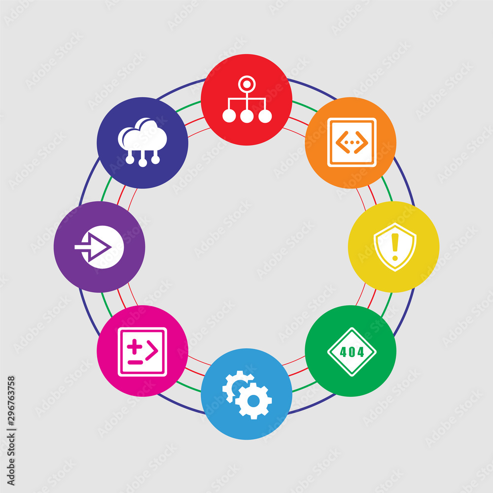 8 colorful round icons set included cloud computing, login, coding, settings, error 404, error, coding, hierarchical structure 8 colorful round icons set included cloud computing, login, coding, settings, error 404, error, coding, hierarchical structure
