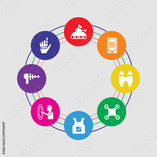 8 colorful round icons set included wi gloves, blaster, teleportation, smart clothing, drone, jetpack, smartphone, hologram