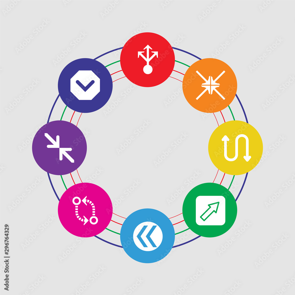 8 colorful round icons set included down arrow, minimize, circuit, rewind, diagonal, curved arrow, center align, multiply 8 colorful round icons set included down arrow, minimize, circuit, rewind, diagonal, curved arrow, center align, multiply