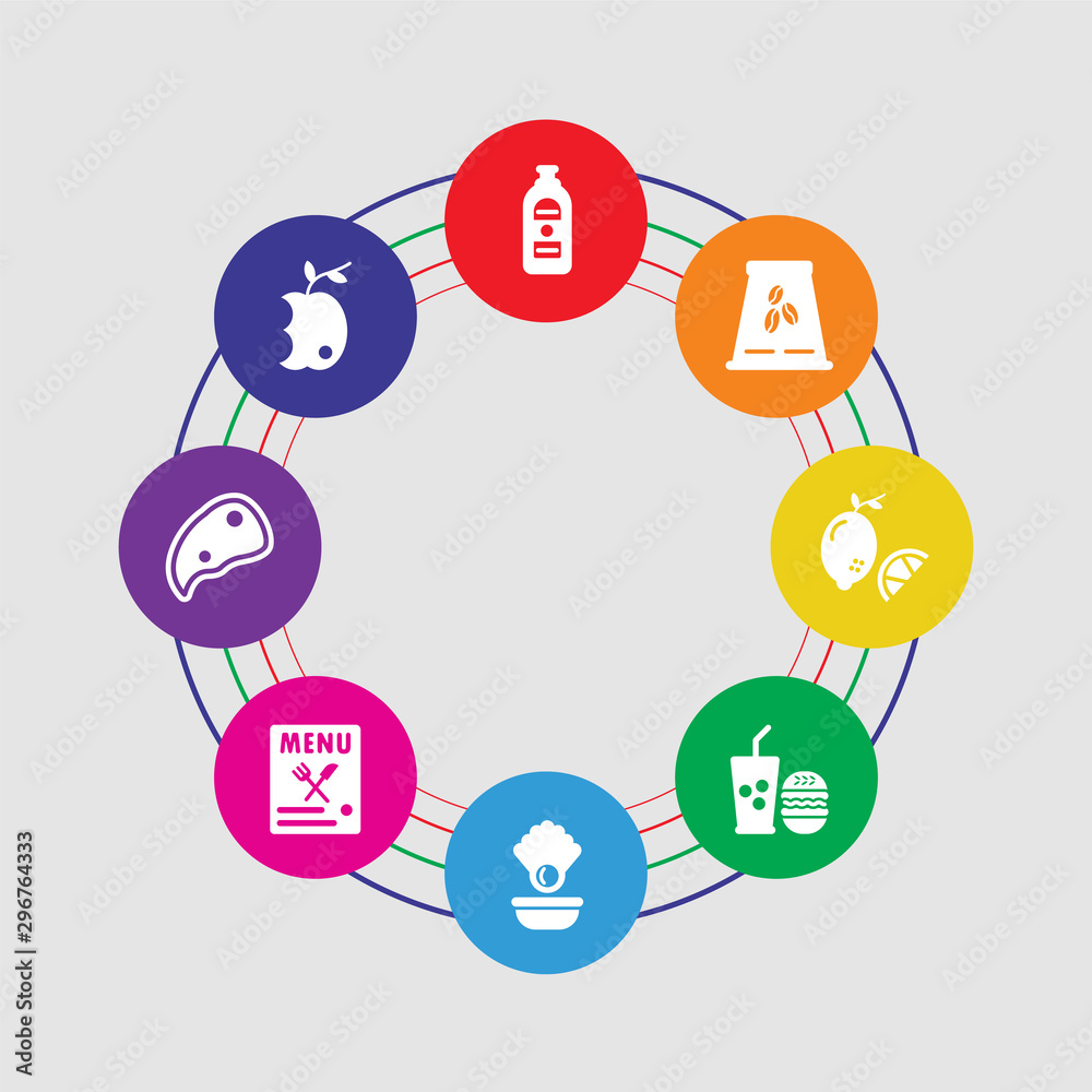 8 colorful round icons set included apple, steak, menu, oyster, fast food, lemon, coffee beans, gin 8 colorful round icons set included apple, steak, menu, oyster, fast food, lemon, coffee beans, gin