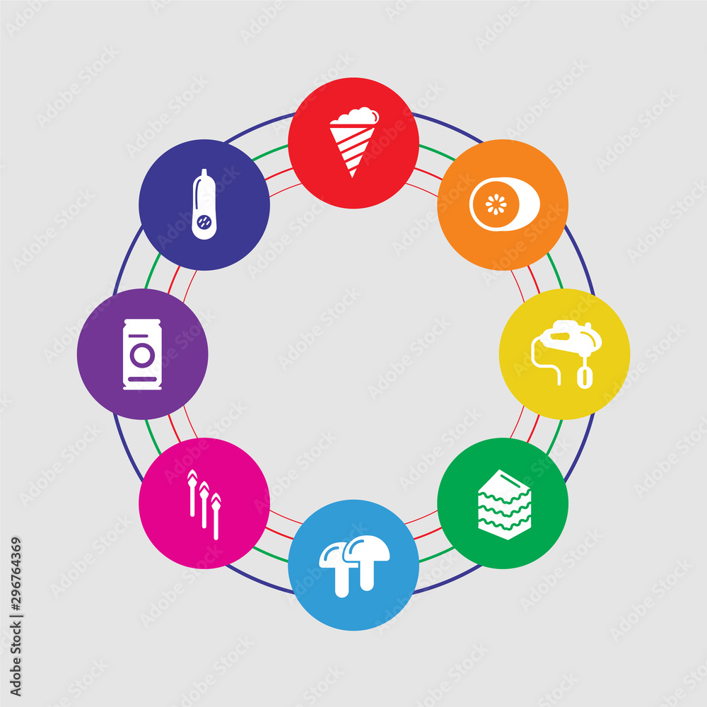 8 colorful round icons set included butternut squash, beer can, asparagus, mushroom, lasagne, whisk, kiwi, floss 8 colorful round icons set included butternut squash, beer can, asparagus, mushroom, lasagne, whisk, kiwi, floss
