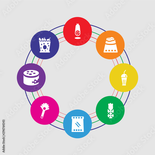 8 colorful round icons set included groceries, cheese, leek, macaroni, pineapple, milkshake, wheat, salami