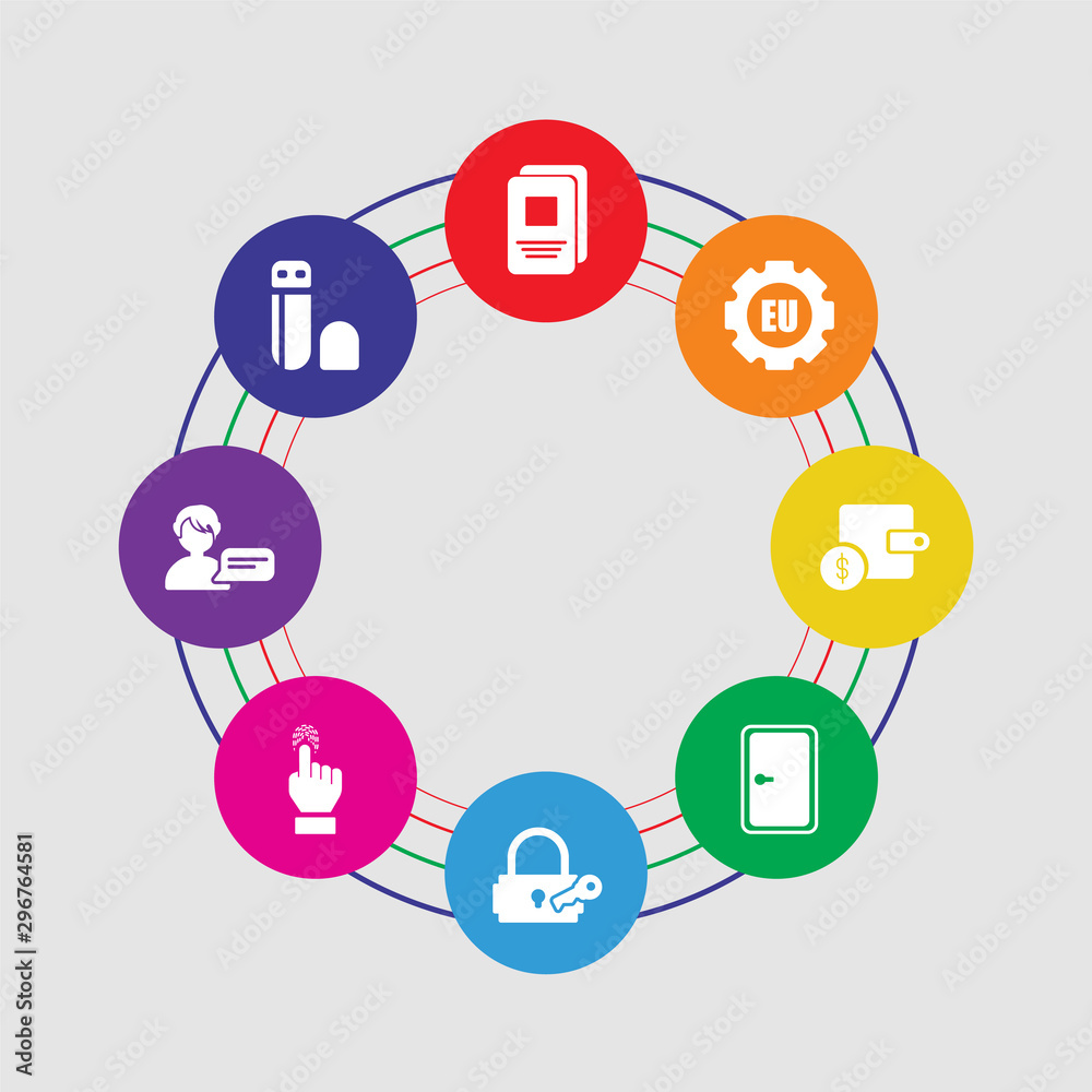 8 colorful round icons set included pendrive, profiling, fingerprint, keylock, penalty, income, eu, document 8 colorful round icons set included pendrive, profiling, fingerprint, keylock, penalty, income, eu, document