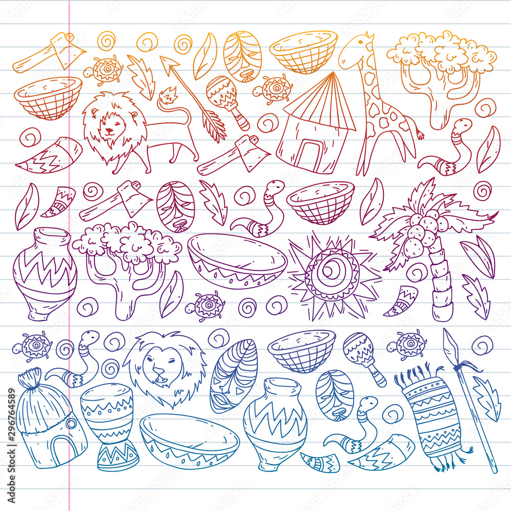 Vector african tribal pattern for banner and posters. Icons of animals and traditional elements for children fabric, clothes, textile. Travel and adventure