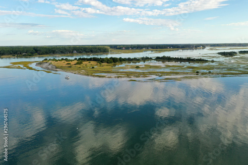 Aerial view of Oak Island marsh and sea shore. NC beach.