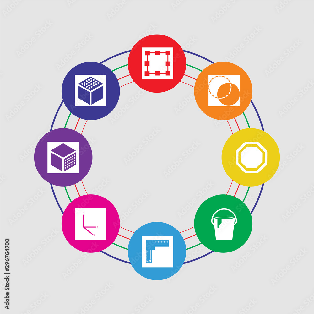 8 colorful round icons set included cube, cube, coordinates, ruler, bucket, polygon, background, bounding box