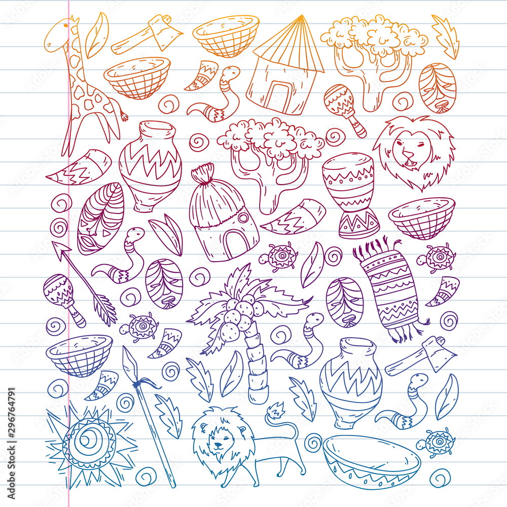 Vector african tribal pattern for banner and posters. Icons of animals and traditional elements for children fabric, clothes, textile. Travel and adventure Vector african tribal pattern for banner and posters. Icons of animals and traditional elements for children fabric, clothes, textile. Travel and adventure