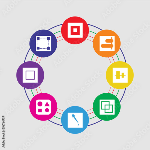 8 colorful round icons set included square, square, shapes, eyedropper, merge, vertical alignment, right alignment, square