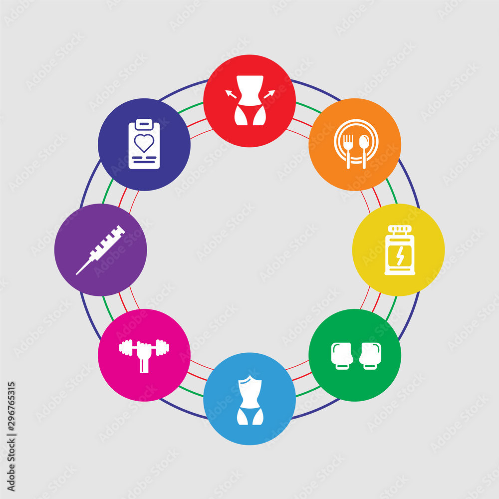 8 colorful round icons set included document, syringe, dumbbell, body, gloves, proteins, food, body 8 colorful round icons set included document, syringe, dumbbell, body, gloves, proteins, food, body