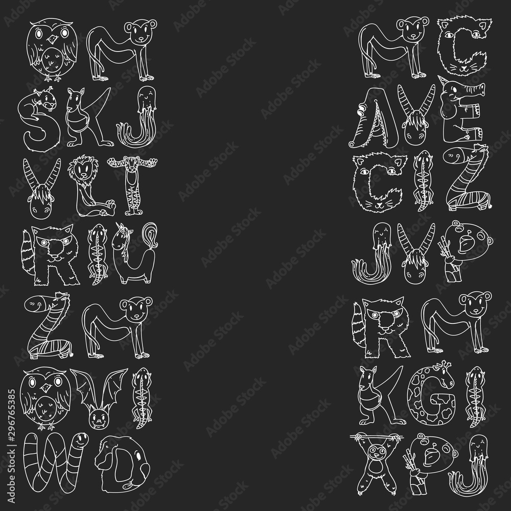 Animal alphabet. Zoo alphabet. Letters from A to Z. Cartoon cute animals. Elephant, dog, flamingo, giraffe, horse, alligator, bear, cat. Animal alphabet. Zoo alphabet. Letters from A to Z. Cartoon cute animals. Elephant, dog, flamingo, giraffe, horse, alligator, bear, cat.