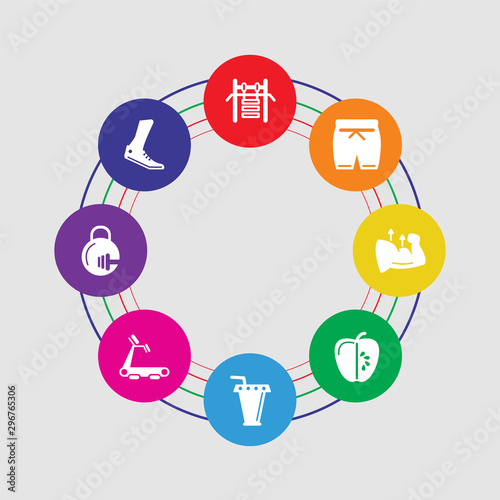8 colorful round icons set included running, kettlebell, treadmill, juice, apple, muscle, shorts, gym