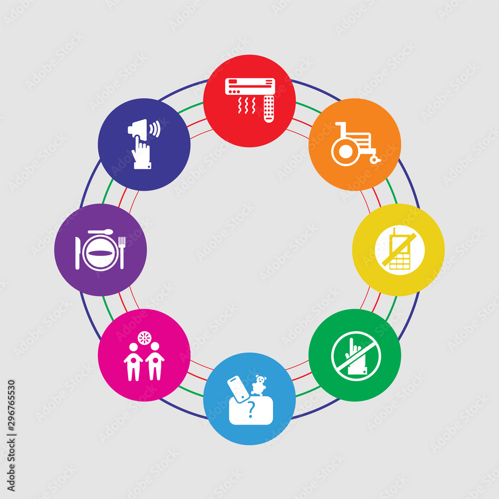 8 colorful round icons set included silence, restaurant, waiting room, lost items, no touch, no phone, wheelchair, air conditioner 8 colorful round icons set included silence, restaurant, waiting room, lost items, no touch, no phone, wheelchair, air conditioner