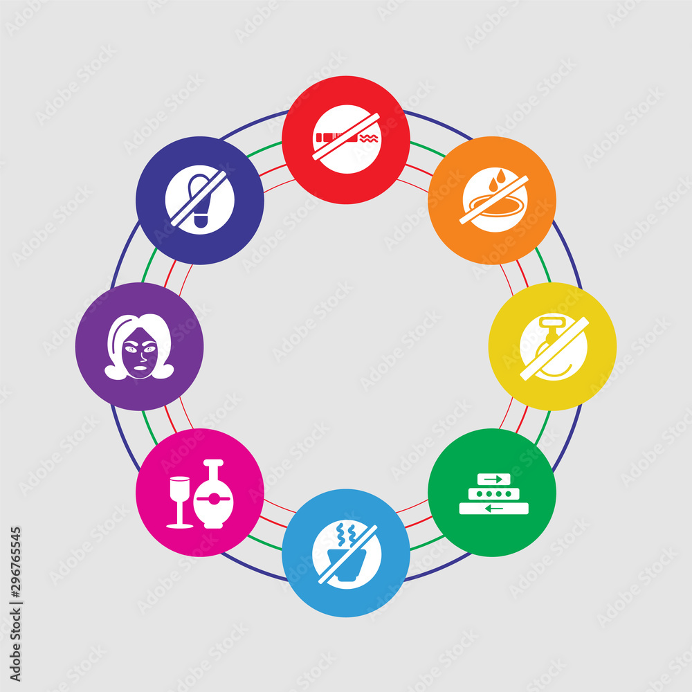 8 colorful round icons set included no step, woman, fragile, no food, stairs, hoist, no water, smoking 8 colorful round icons set included no step, woman, fragile, no food, stairs, hoist, no water, smoking
