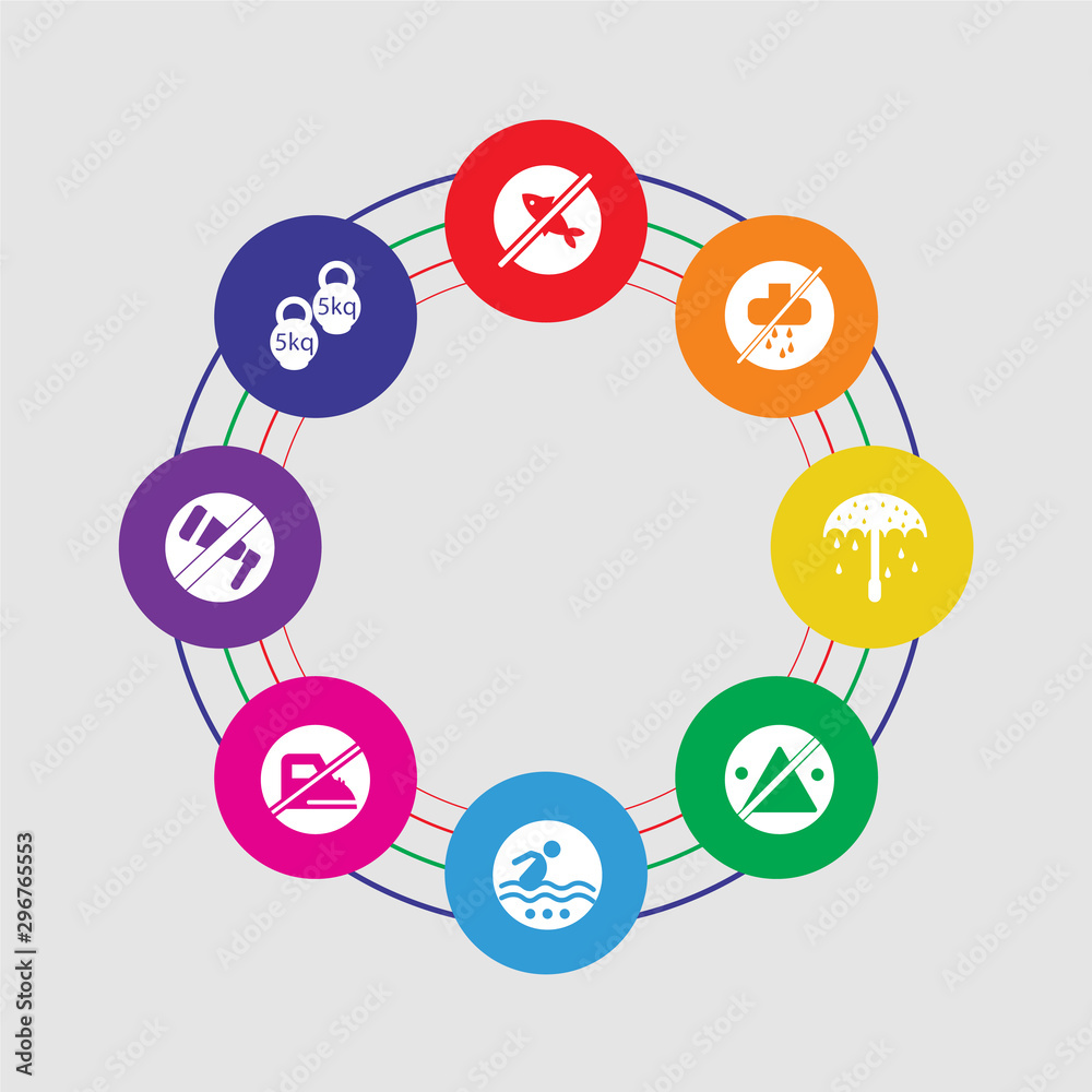8 colorful round icons set included weight, no shouting, no ironing, no swimming, bleaching, protection, shower, fishing 8 colorful round icons set included weight, no shouting, no ironing, no swimming, bleaching, protection, shower, fishing