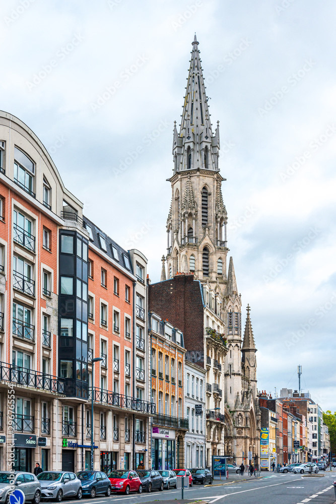 LILLE, FRANCE - October 11, 2019: Traditional Cathedral building in Lille, France