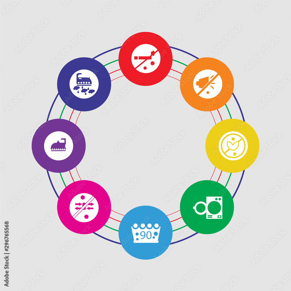 8 colorful round icons set included no ironing, ironing, no packing, washing, washing, prohibition, noise, no smoking 8 colorful round icons set included no ironing, ironing, no packing, washing, washing, prohibition, noise, no smoking