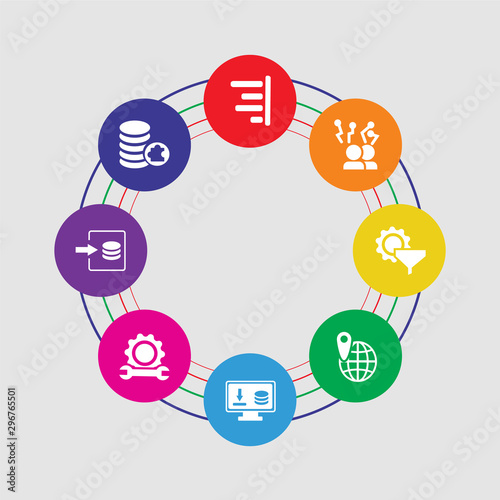 8 colorful round icons set included database, log in, support, landing page, geolocation, filter, diagram, strategy