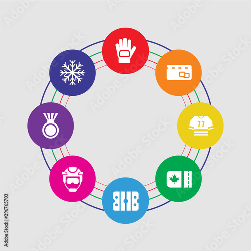 8 colorful round icons set included snowflake, medal, hockey helmet, ice court, ticket, clothes, cit card, glove