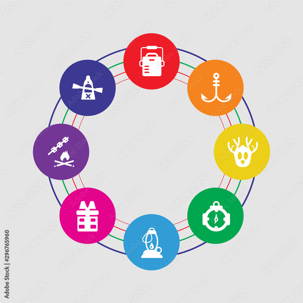 8 colorful round icons set included canoe, marshmallow, fishing vest, lamp, compass, hunting trophy, hook, freezer 8 colorful round icons set included canoe, marshmallow, fishing vest, lamp, compass, hunting trophy, hook, freezer