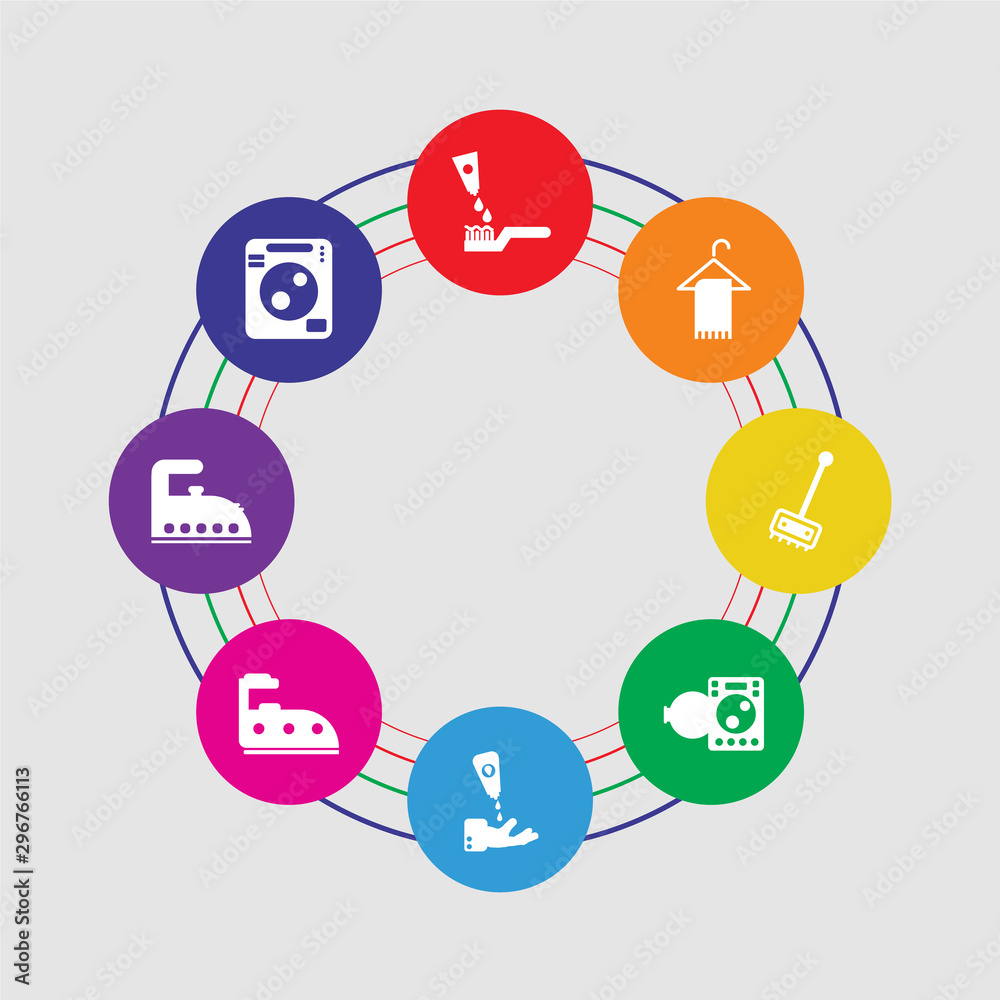 8 colorful round icons set included washing machine cleanin, iron cleanin, iron cleanin, cream washing machine plunger hanger toothpaste 8 colorful round icons set included washing machine cleanin, iron cleanin, iron cleanin, cream washing machine plunger hanger toothpaste