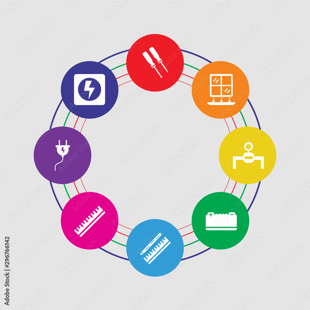 8 colorful round icons set included electricity, plug, ruler, drawing, battery, gas pipe, window, screwdriver