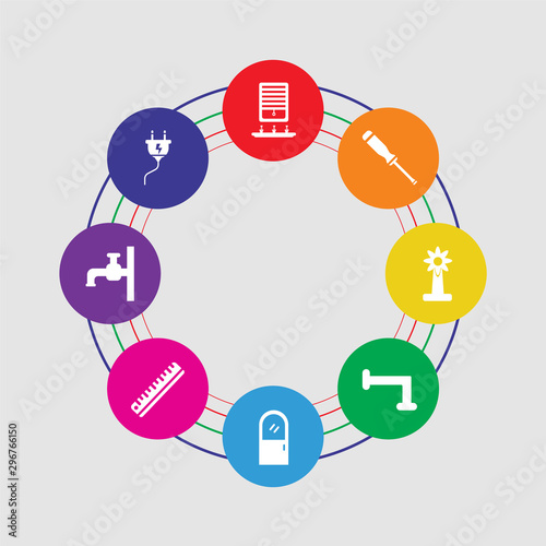 8 colorful round icons set included plug, tap, ruler, door, pipe, eolic energy, screwdriver, window