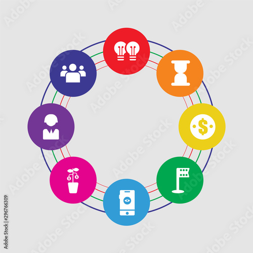 8 colorful round icons set included networking, user, growth, visualization, flag, dollar, hourglass, light bulb