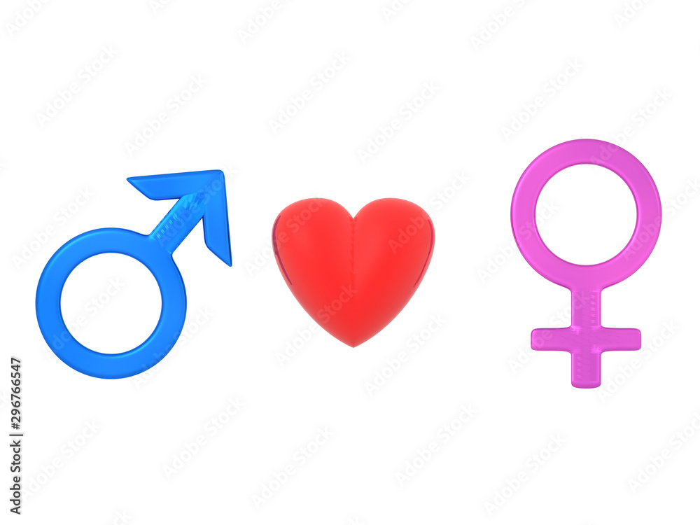 3D rendering of male and female gender symbol with heart between them
