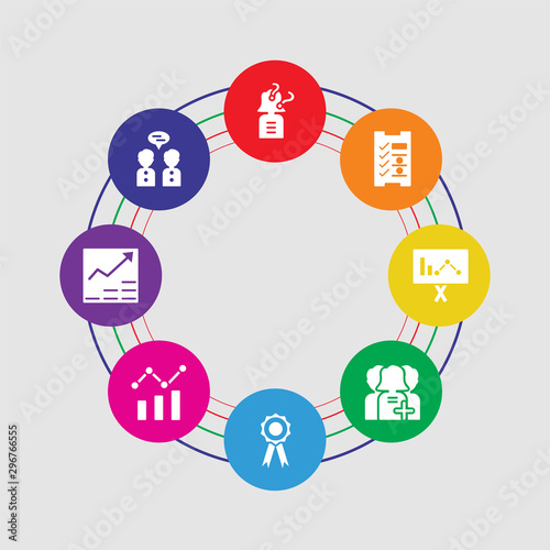 8 colorful round icons set included collaboration, growth, analysis, award, customer, presentation, planning, question