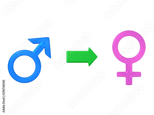 3D Rendering of male symbol with arrow pointing towards female symbol