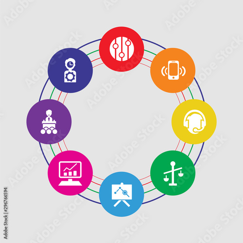 8 colorful round icons set included creative, speech, website, presentation, balance, customer support, advertising, global