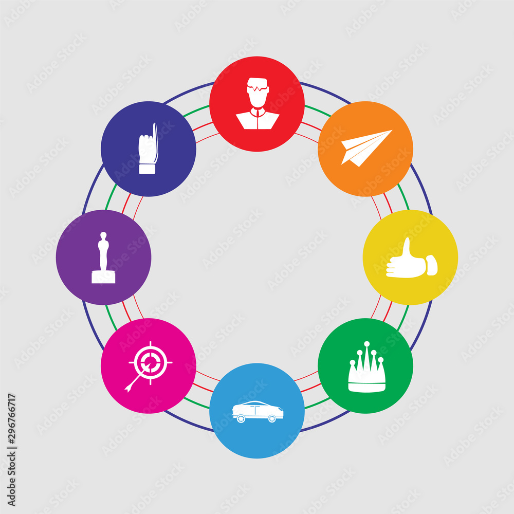 8 colorful round icons set included pointer, monument, target, car, king, thumb up, send, businessman 8 colorful round icons set included pointer, monument, target, car, king, thumb up, send, businessman