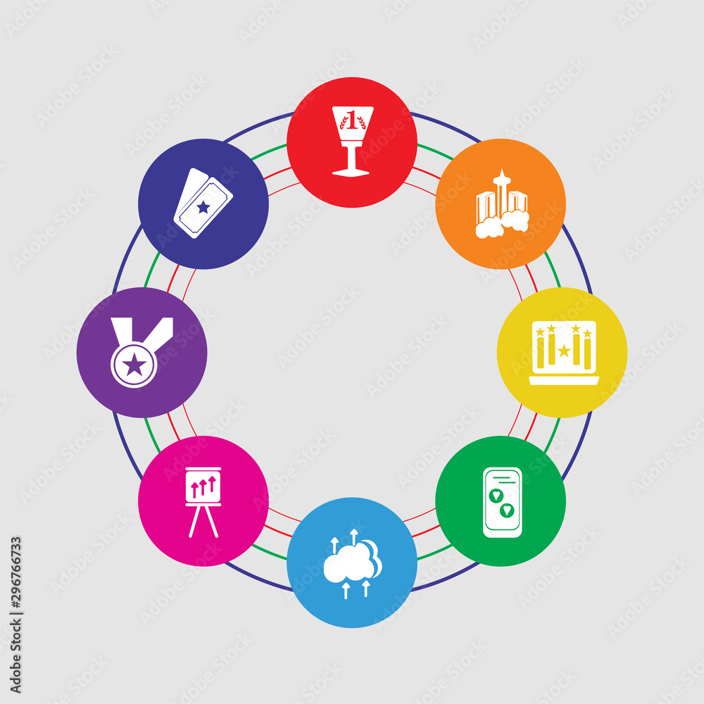 8 colorful round icons set included ticket, medal, rise, cloud computing, rating, laptop, skyscraper, trophy 8 colorful round icons set included ticket, medal, rise, cloud computing, rating, laptop, skyscraper, trophy