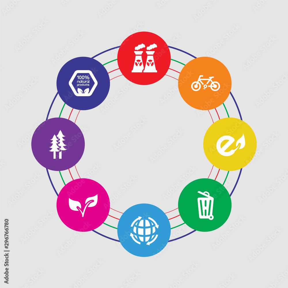 8 colorful round icons set included 100 percent natural, christmas trees, leaves, global, trash can, eco e, bicycle, nuclear plant 8 colorful round icons set included 100 percent natural, christmas trees, leaves, global, trash can, eco e, bicycle, nuclear plant