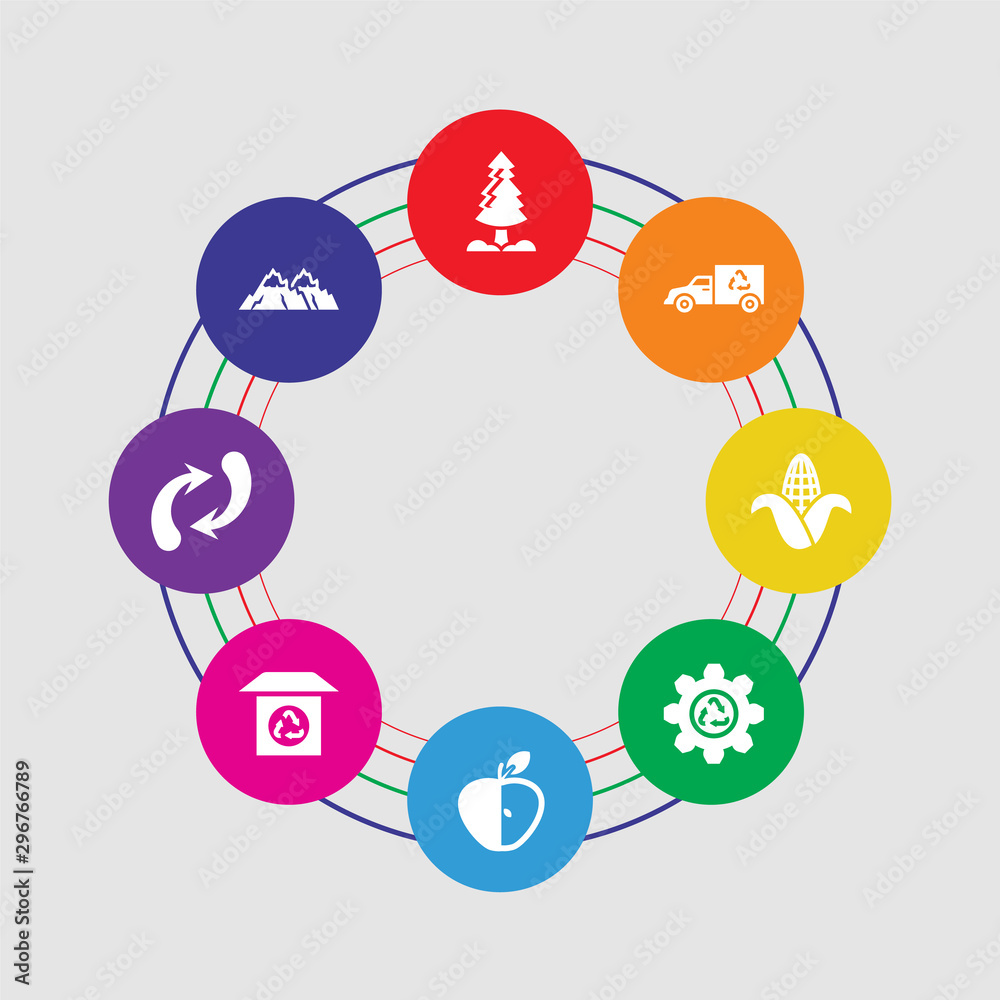 8 colorful round icons set included snowy mountains, reload arrows, ecological house, half apple, recycling factory, corn, truck, pine 8 colorful round icons set included snowy mountains, reload arrows, ecological house, half apple, recycling factory, corn, truck, pine