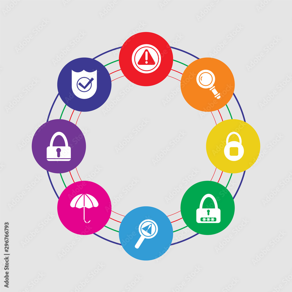 8 colorful round icons set included shield, lock, umbrella, problem, password, safe, find, warning 8 colorful round icons set included shield, lock, umbrella, problem, password, safe, find, warning