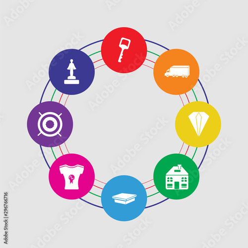 8 colorful round icons set included podium, aim, shirt, mortarboard, home, diamond, delivery truck, key