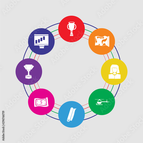 8 colorful round icons set included graphics, trophy, money, diploma, helicopter, businesswoman, map, trophy