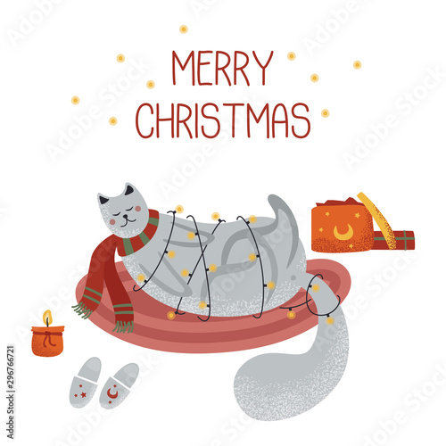Cute cat lies on a striped rug. New Year's garland. Merry Christmas! postcard.